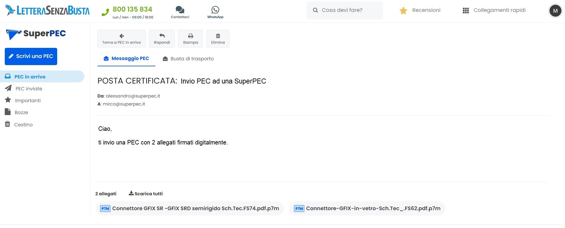Webmail SuperPEC: messaggio PEC in arrivo