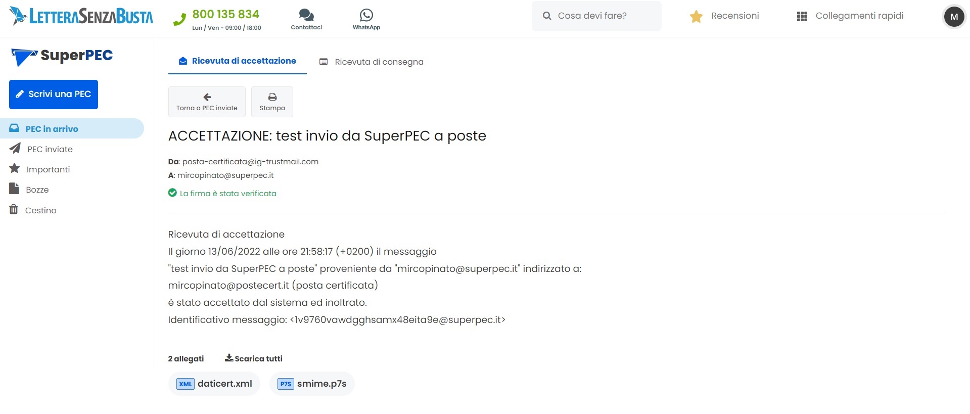 Webmail SuperPEC: ricevute di accettazione e di consegna